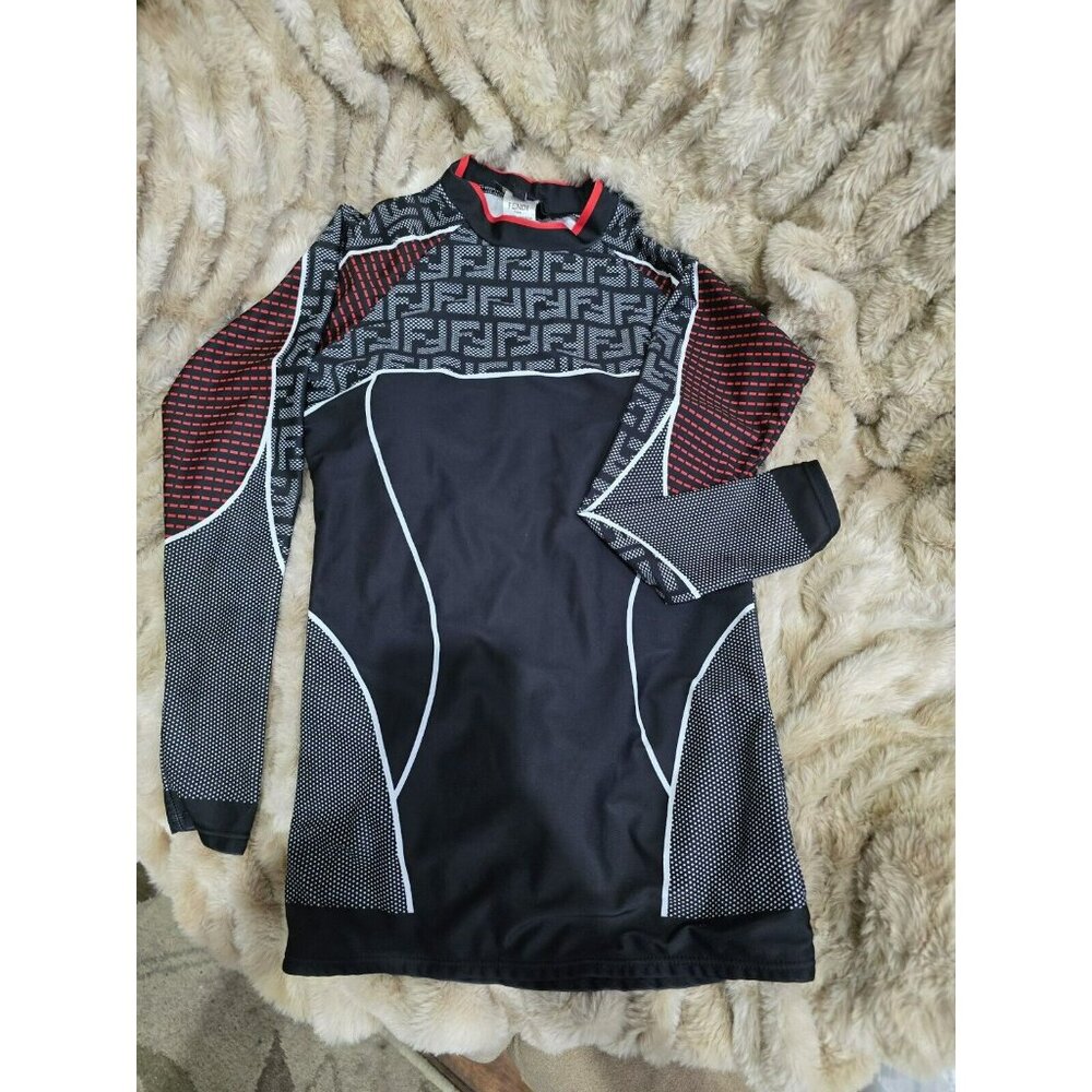 Fendi FF Motif Ski Top Women Large, Winter Sweater Figure Hug, Mock Neck Black